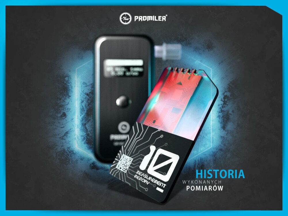 Na obrazie widoczny jest alkomat z logo \'PROMILER\' oraz karta pamięci z napisem \'10 MEASUREMENTS MEMORY\'. Obok znajduje się tekst \'HISTORIA WYKONANYCH POMIARÓW\'.