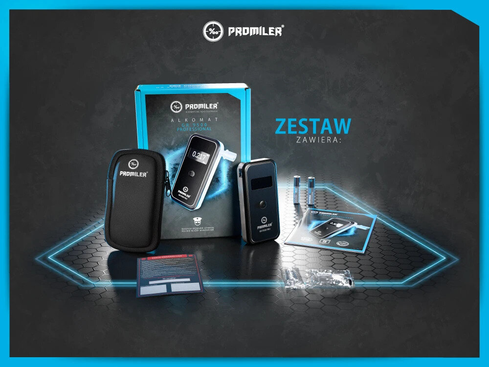 Na obrazie znajduje się zestaw alkomatu PROMILER GR 9500 Professional, w skład którego wchodzą: alkomat, etui, baterie, ustniki oraz instrukcja. Widoczny jest napis \'ZESTAW ZAWIERA:\' oraz logo PROMILER.
