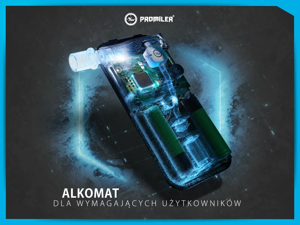 Obraz przedstawia alkomat z widocznymi wewnętrznymi komponentami, otoczony niebieską poświatą. Na górze widnieje logo \'PROMILER\', a poniżej napis \'ALKOMAT DLA WYMAGAJĄCYCH UŻYTKOWNIKÓW\'.