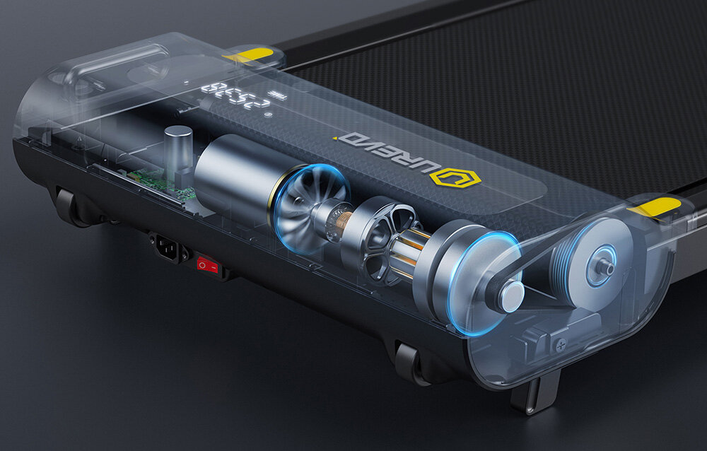 Bieżnia elektryczna UREVO E3S 1654.87W 6.4 km-h Przekrój techniczny wnętrza bieżni UREVO pokazujący silnik, mechanizm napędowy i elektroniczny wyświetlacz silnik o mocy 2,25 HP cicha praca dla osób o wadze do 120 kg