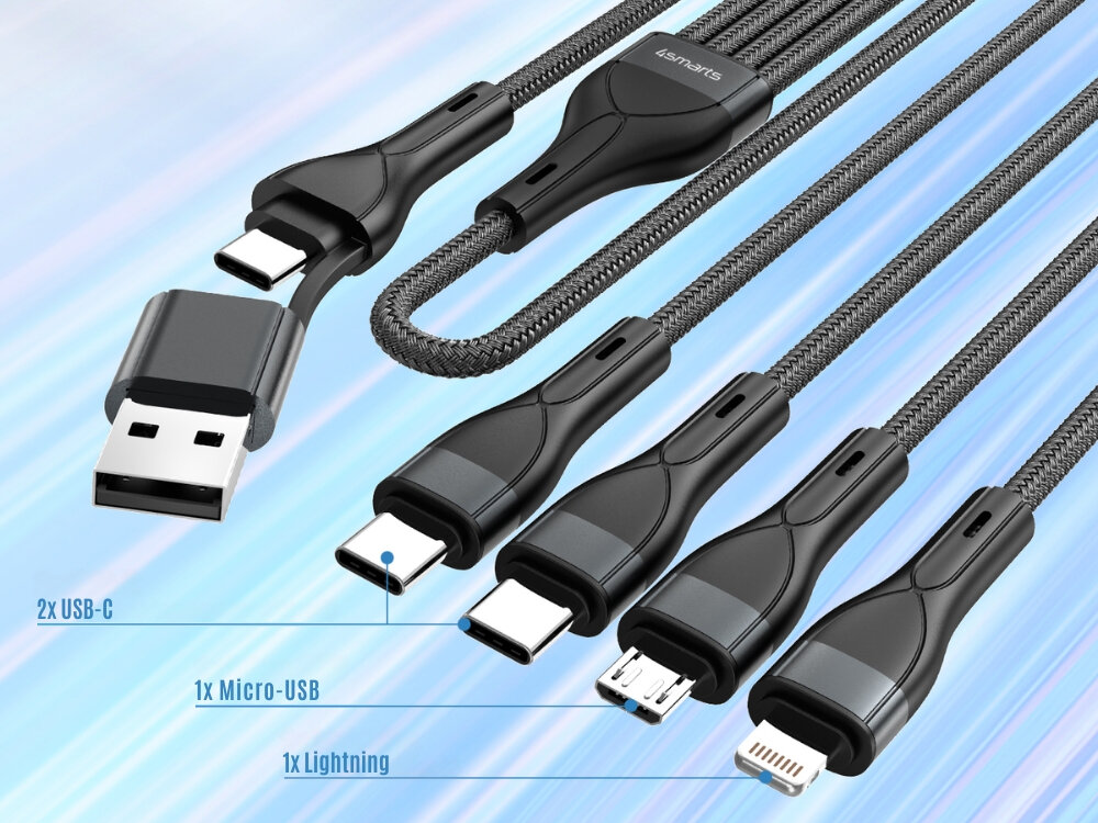 Kabel 4SMARTS USB-C/A 4w2 1.2m
wszystkie końcówki kabla przewód złącza usb usb-a usb-c