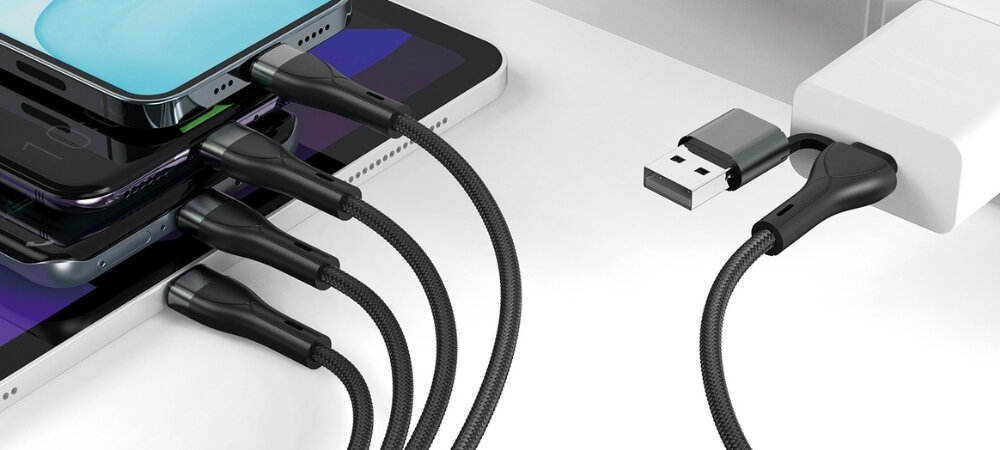 Kabel 4SMARTS USB-C/A 4w2 1.2m
kabel podłączony do 4 różnych urządzeń przewód 4 urządzenia jednocześnie ładowanie oszczędność miejsca sprzęt dom