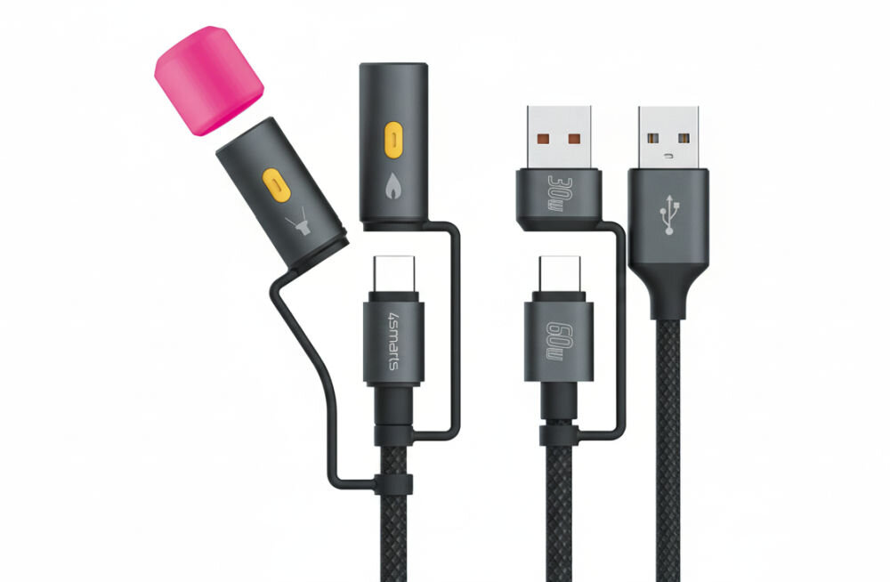 Kabel USB-C 4SMARTS Explorer 4in1 60W 1m Czarny solidny nylon aluminium zink USB-A adapter