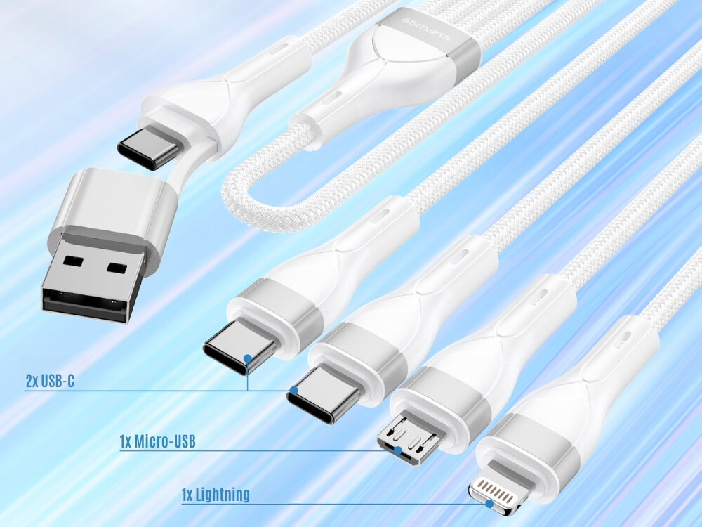 Kabel 4SMARTS USB-C/A 4w2 1.2m
wszystkie końcówki kabla przewód złącza usb usb-a usb-c