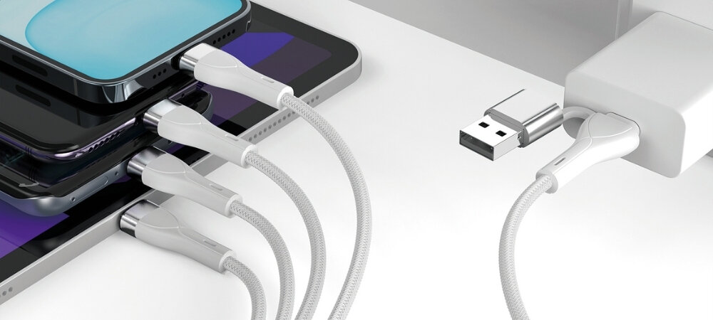 Kabel 4SMARTS USB-C/A 4w2 1.2m
kabel podłączony do 4 różnych urządzeń przewód 4 urządzenia jednocześnie ładowanie oszczędność miejsca sprzęt dom