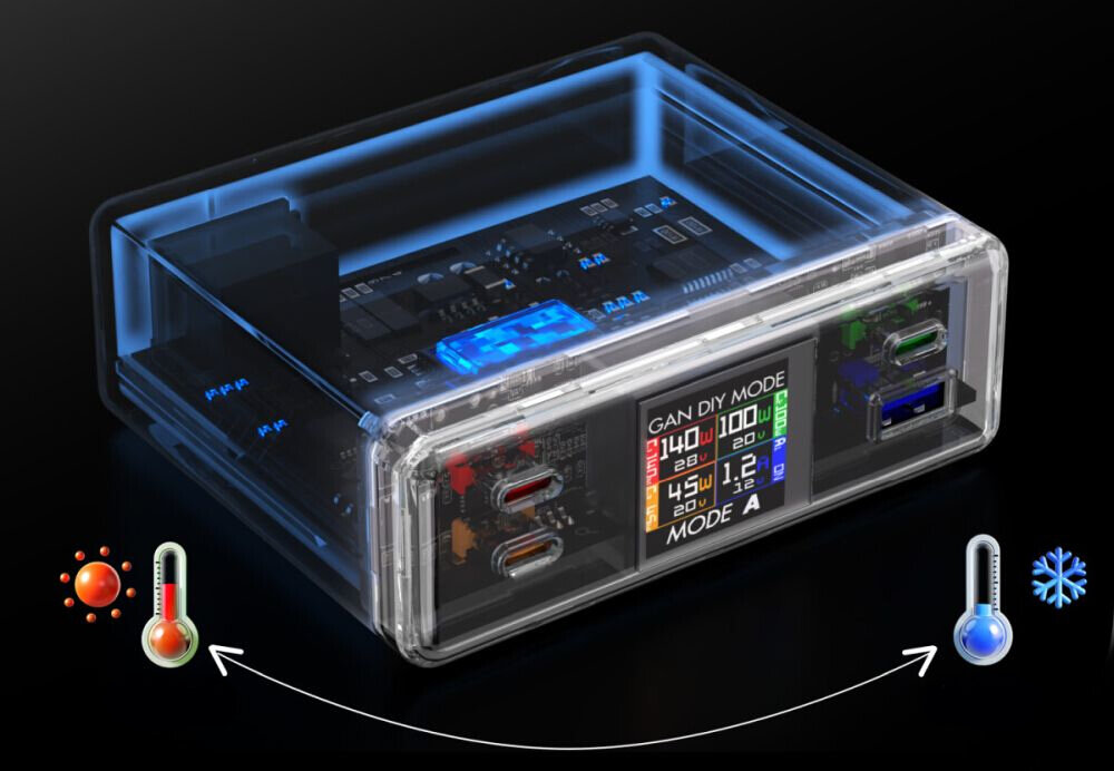 Lucid GaN DIY MODE 300 W z wyświetlaczem TFT i kontrolą temperatury NTC – bezpieczeństwo i kontrola ładowania