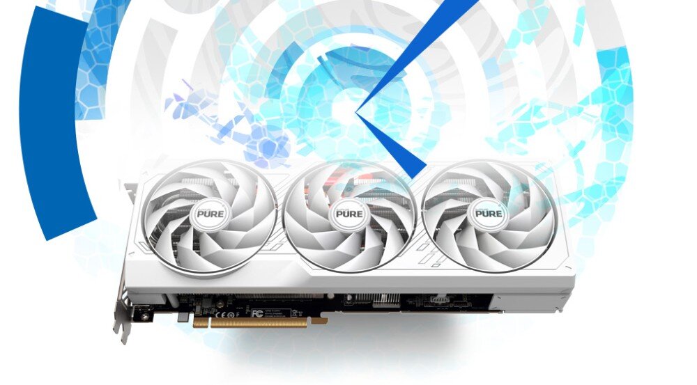 Karta graficzna SAPPHIRE Radeon RX 7900 XT Pure 20GB Trzy wentylatory w białej obudowie karty graficznej na tle geometrycznych wzorów i niebieskich łuków, opis