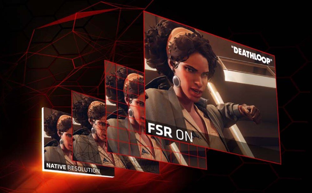 Karta graficzna SAPPHIRE Radeon RX 7900 XT Pure 20GB Porównanie jakości obrazu z włączoną technologią FSR w grze 'Deathloop', z trzema wersjami tej samej sceny w różnych rozdzielczościach, technologie, upscaling, raytracing