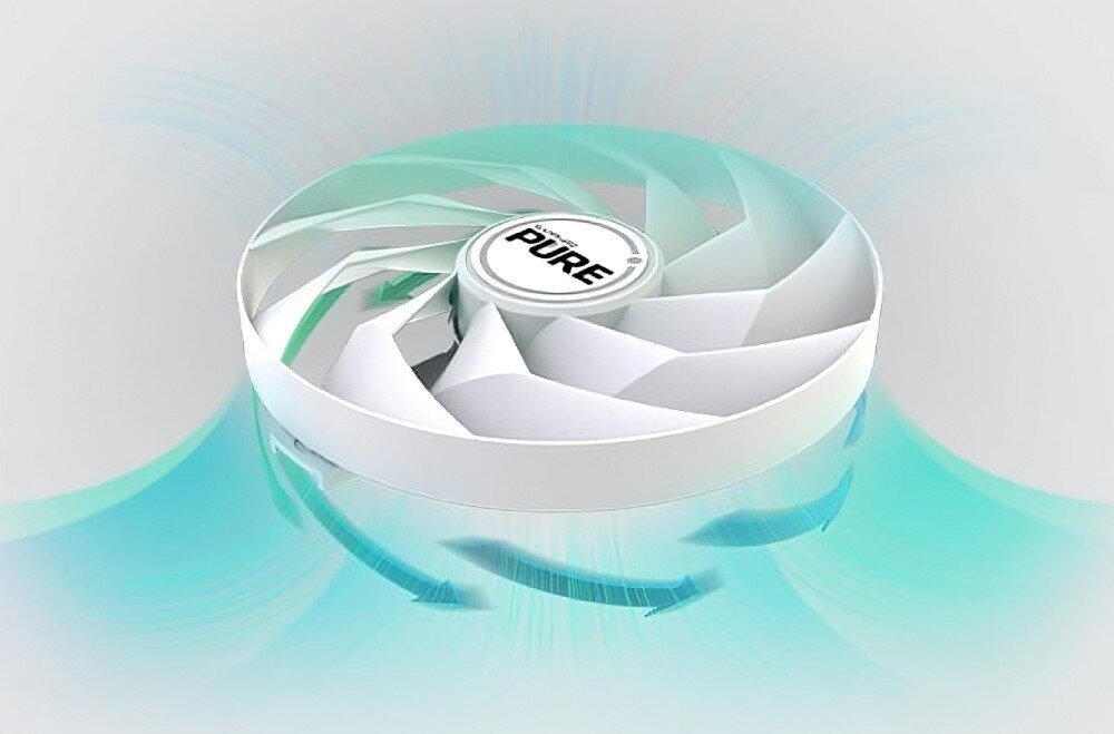 Karta graficzna SAPPHIRE Radeon RX 7900 XT Pure 20GB Biały wentylator z napisem 'Pure' pokazany z efektem przepływu powietrza wokół łopatek, wentylatory, chłodzenie, temperatura