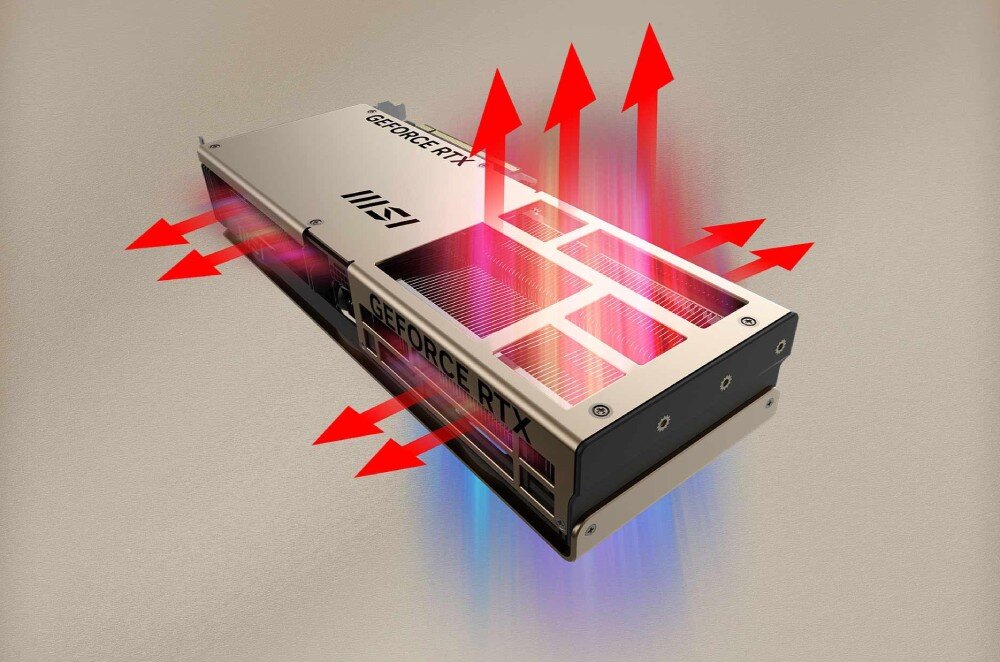 Karta graficzna MSI GeForce RTX 5070 Ti Inspire 3X OC Plus 16GB Tył karty graficznej z widocznymi czerwonymi strzałkami symbolizującymi wypływające ciepło z otworów wentylacyjnych, metalowy backplate, termopady, otwory wentylacyjne