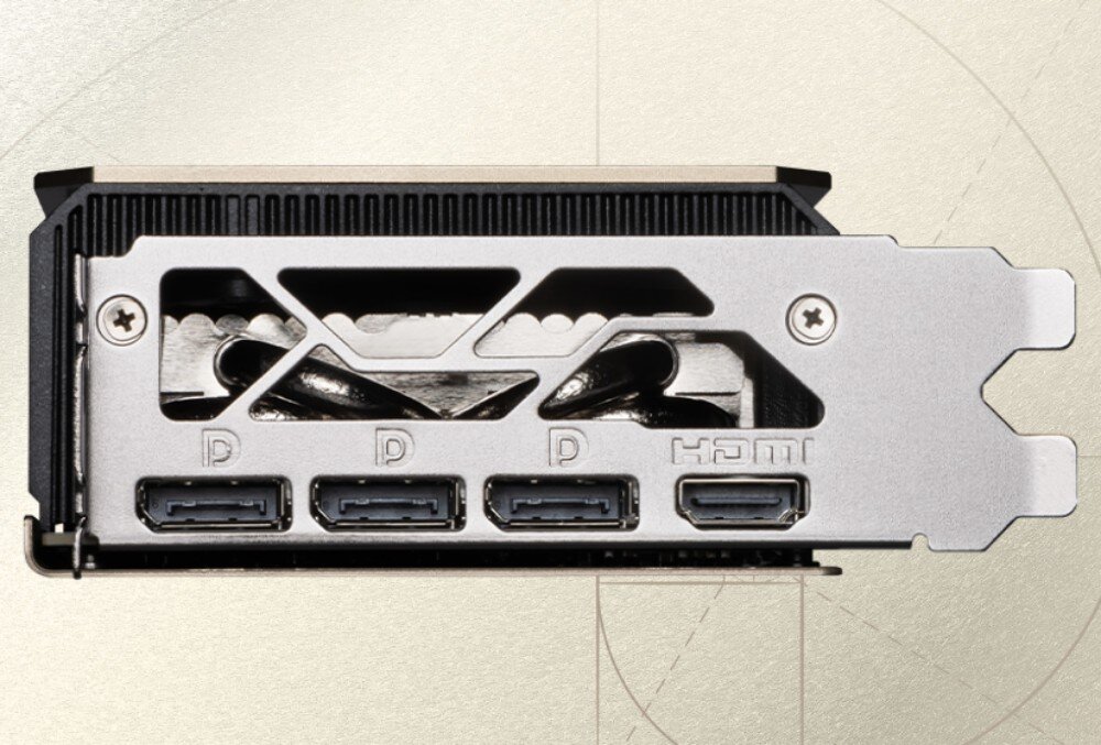 Karta graficzna MSI GeForce RTX 5070 Ti Inspire 3X OC Plus 16GB Tylny panel karty graficznej z trzema portami DisplayPort i jednym HDMI, oznaczonymi literami i napisami, porty, złącza