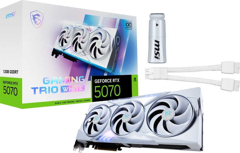 Karta graficzna MSI GeForce RTX 5070 Gaming Trio OC White 12GB DLSS 4 Zestaw produktu obejmujący kartę graficzną w białej wersji kolorystycznej, pudełko z grafiką produktu, adaptery zasilania i biały wspornik montażowy z logo MSI