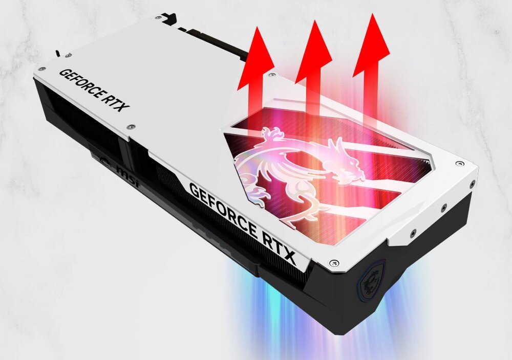 Karta graficzna MSI GeForce RTX 5070 Gaming Trio OC White 12GB DLSS 4 Tył karty graficznej z metalową osłoną, przez którą prześwituje podświetlony motyw smoka; strzałki wskazują kierunek przepływu gorącego powietrza przez otwory wentylacyjne, metalowa osłona, otwory wentylacyjne