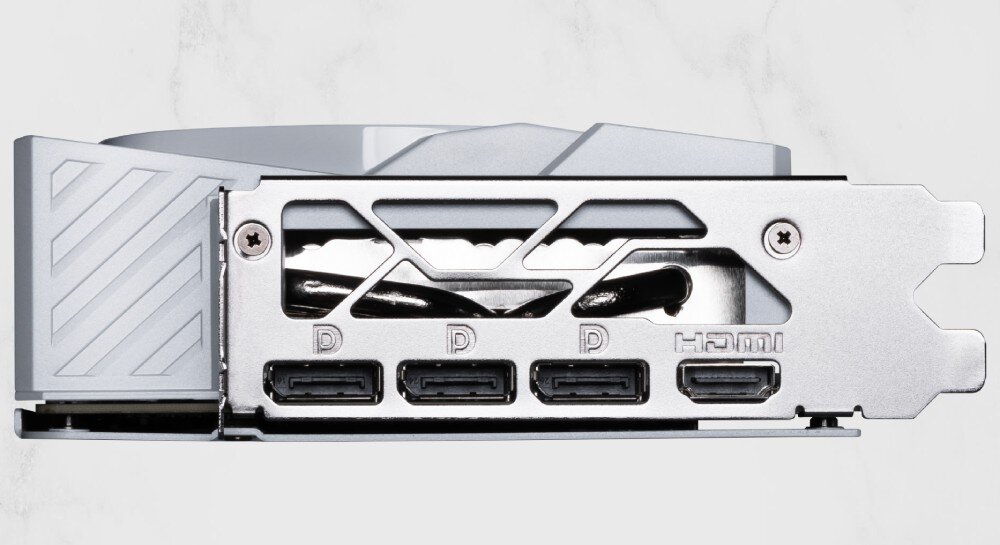 Karta graficzna MSI GeForce RTX 5070 Gaming Trio OC White 12GB DLSS 4 Panel wyjść wideo karty graficznej z trzema portami DisplayPort i jednym portem HDMI, osadzony w metalowej ramie, interfejs, porty, rozdzielczość