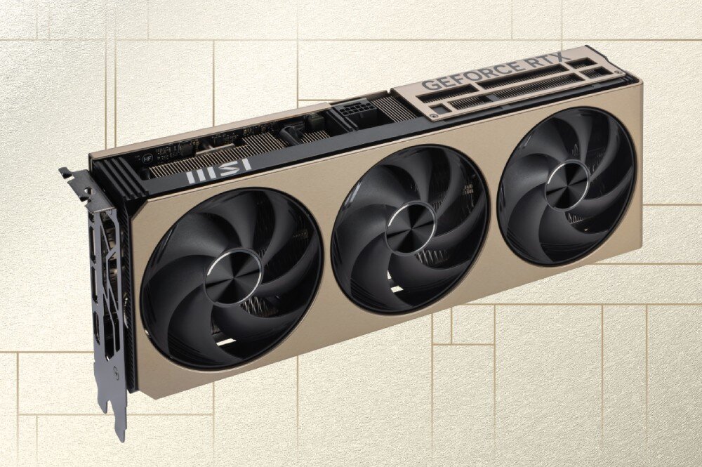 Karta graficzna MSI GeForce RTX 5070 Inspire 3X OC 12GB Zbliżenie na porty karty graficznej, widoczne trzy złącza DisplayPort i jedno HDMI, architektura, rdzenie CUDA, pamięć