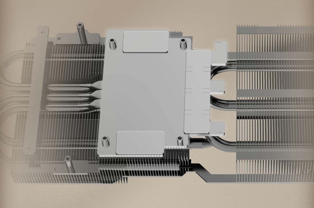 Karta graficzna MSI GeForce RTX 5070 Inspire 3X OC 12GB Zbliżenie na wentylator z siedmioma łopatkami i pierścieniem wzmacniającym, miedziana płyta, ciepłowody
