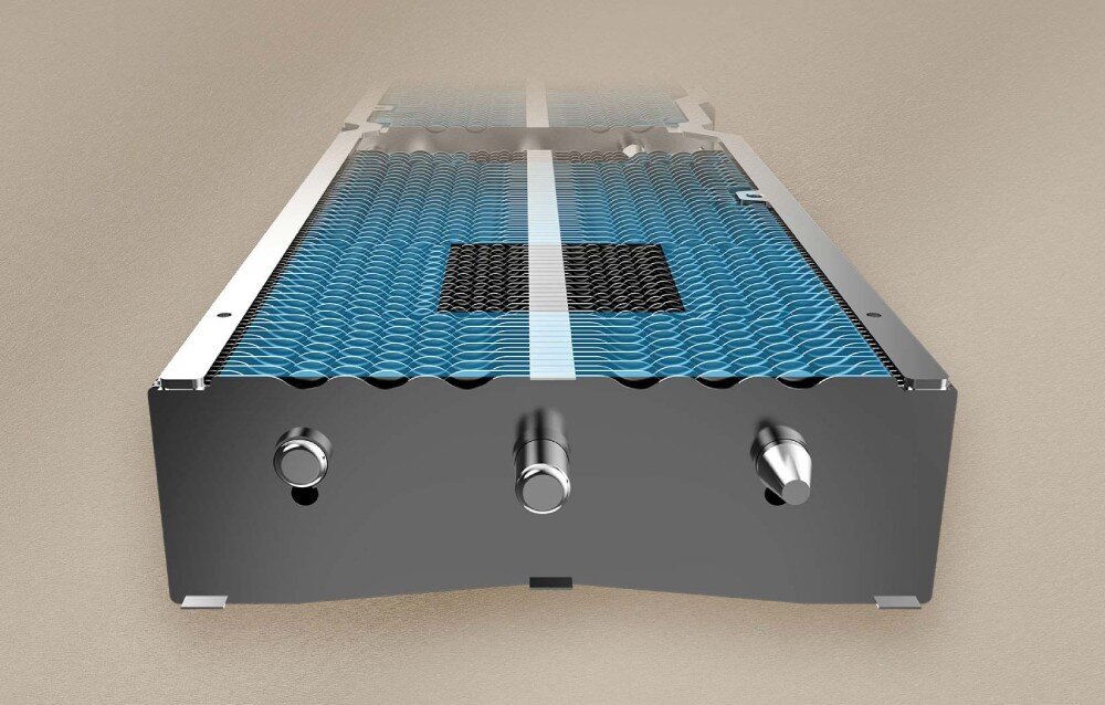 Karta graficzna MSI GeForce RTX 5070 Inspire 3X OC 12GB Przekrój radiatora z widocznymi pofalowanymi żeberkami, żebra, wentylacja