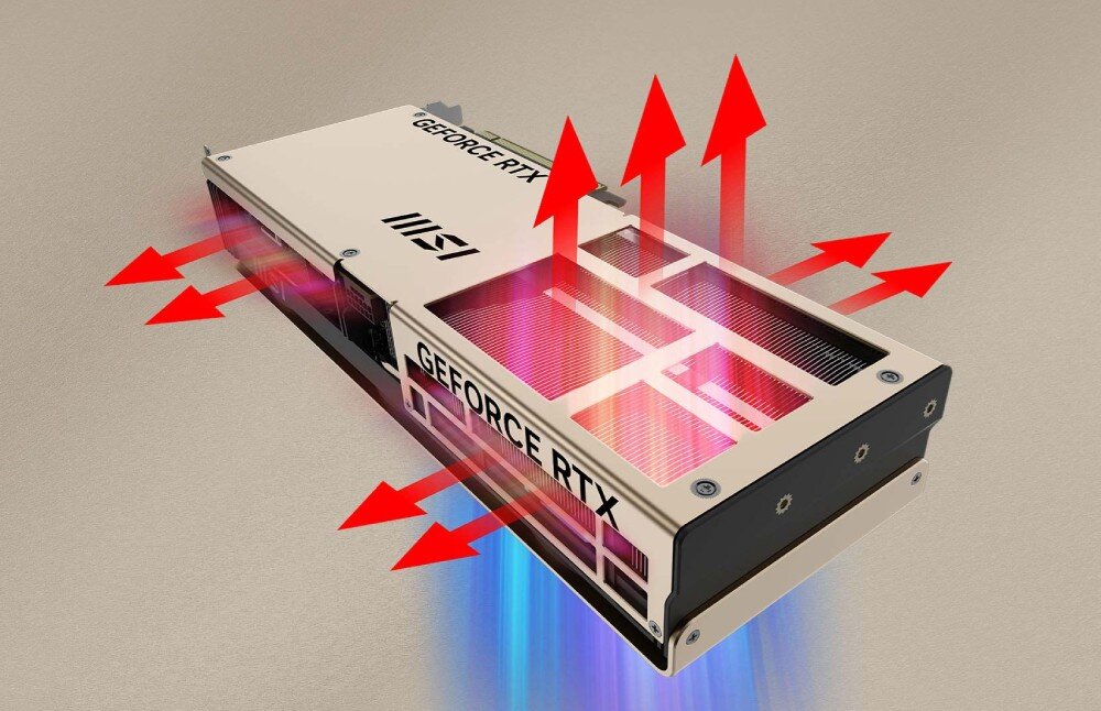 Karta graficzna MSI GeForce RTX 5070 Inspire 3X OC 12GB Tylna płyta karty graficznej z otworami wentylacyjnymi i strzałkami symbolizującymi przepływ powietrza, metalowa tylna płyta, otwory wentylacyjne