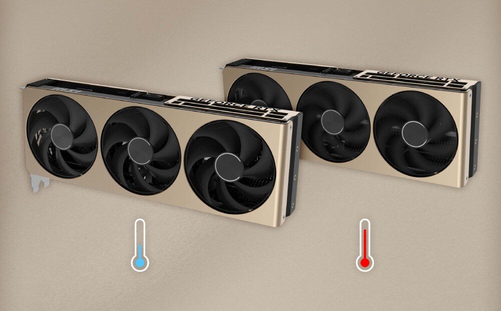 Karta graficzna MSI GeForce RTX 5070 Inspire 3X OC 12GB Dwie karty graficzne z ikonami termometrów symbolizującymi niską i wysoką temperaturę, głośność, technologia Zero Frozr