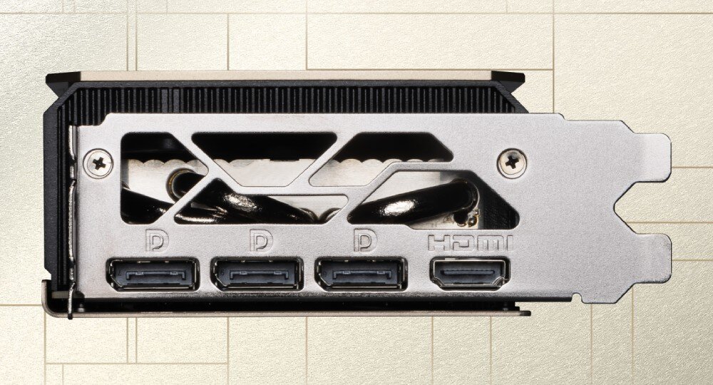 Karta graficzna MSI GeForce RTX 5070 Inspire 3X OC 12GB Karta graficzna na tle schematycznego rysunku technicznego, porty, złącza