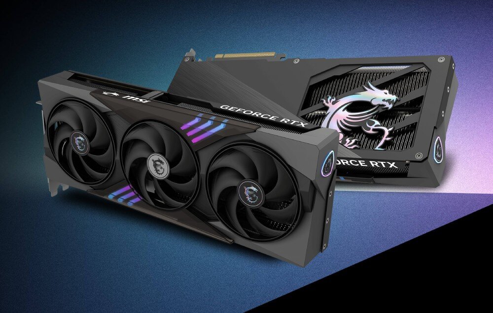Karta graficzna MSI GeForce RTX 5070 Gaming Trio OC 12GB DLSS 4 Dwa widoki tej samej karty graficznej: z przodu z trzema wentylatorami i z tyłu z metalowym backplate'em z wycięciem w kształcie smoka oraz widocznym radiatorem, wygląd, kolor, podświetlenie