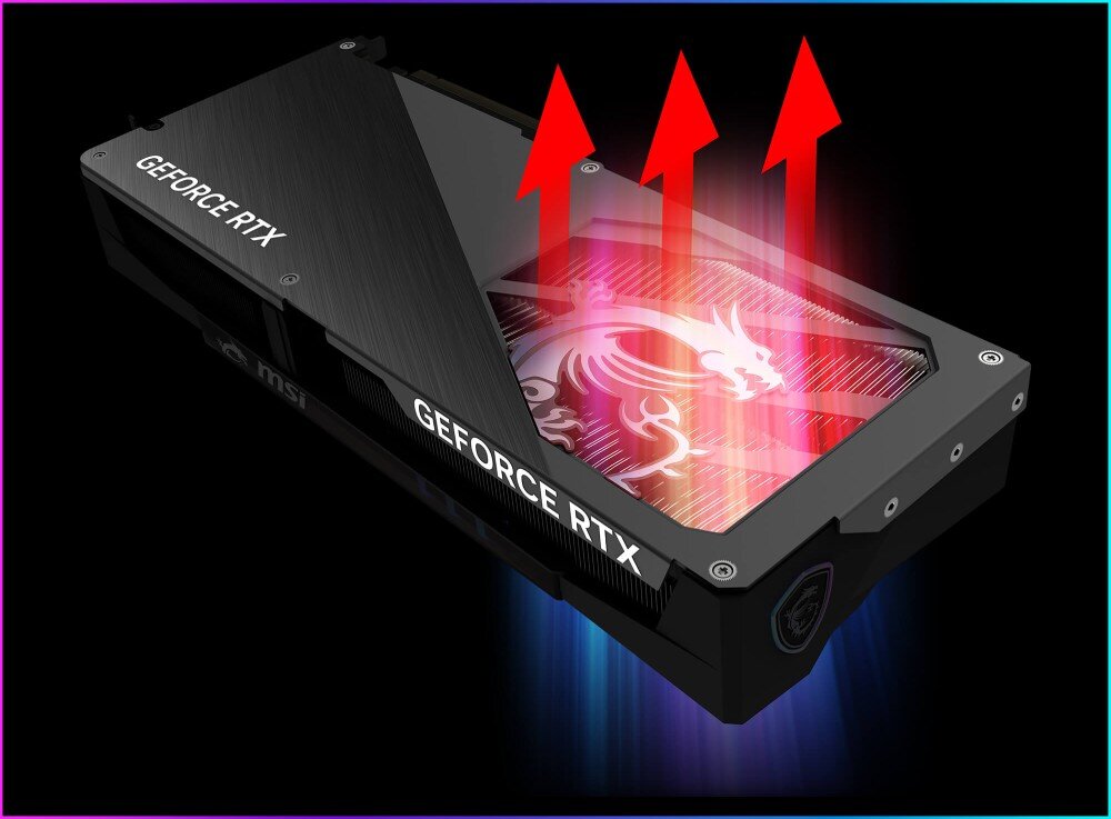 Karta graficzna MSI GeForce RTX 5070 Gaming Trio OC 12GB DLSS 4 Tył karty graficznej z metalową osłoną, przez którą prześwituje podświetlony motyw smoka; strzałki wskazują kierunek przepływu gorącego powietrza przez otwory wentylacyjne, metalowa osłona, otwory wentylacyjne