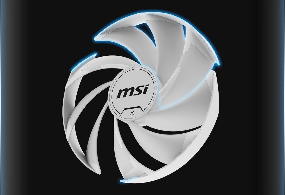 Karta graficzna MSI GeForce RTX 5070 Ventus 2X OC White 12GB Pojedynczy wentylator z zaznaczonymi na niebiesko łukowatymi łączeniami między łopatkami, chłodzenie, wentylatory, miedziana płytka bazowa