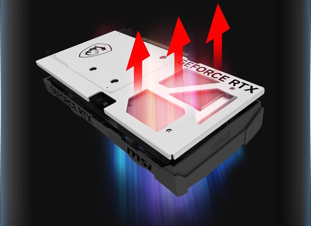 Karta graficzna MSI GeForce RTX 5070 Ventus 2X OC White 12GB Grafika pokazująca tylną część karty graficznej z czerwonymi strzałkami wskazującymi kierunek przepływu powietrza, metalowa płyta tylna, podkładki termiczne
