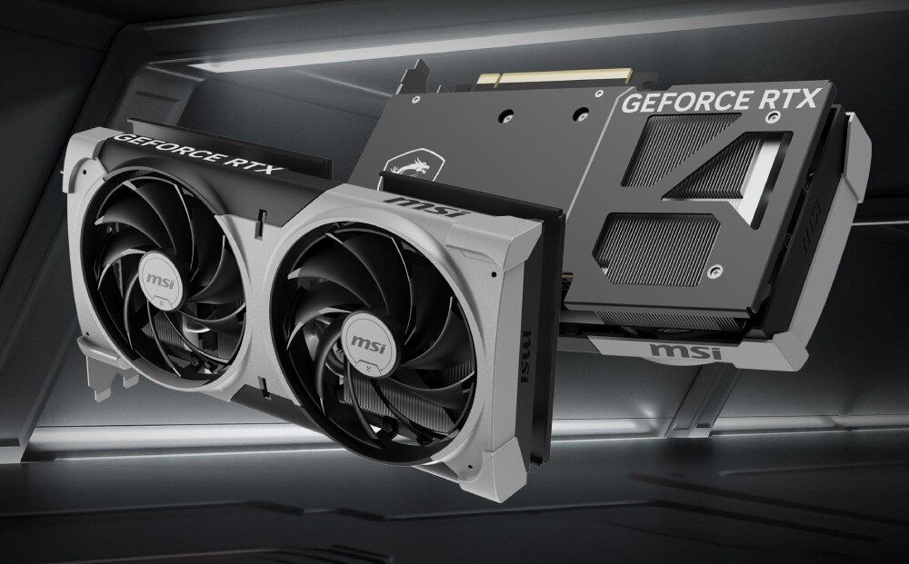 Karta graficzna MSI GeForce RTX 5070 Ventus 2X OC 12GB Widok karty graficznej z obu stron – z przodu z wentylatorami, z tyłu z metalowym backplate'em i logo serii, wygląd, styl, architektura, taktowanie, rdzenie CUDA