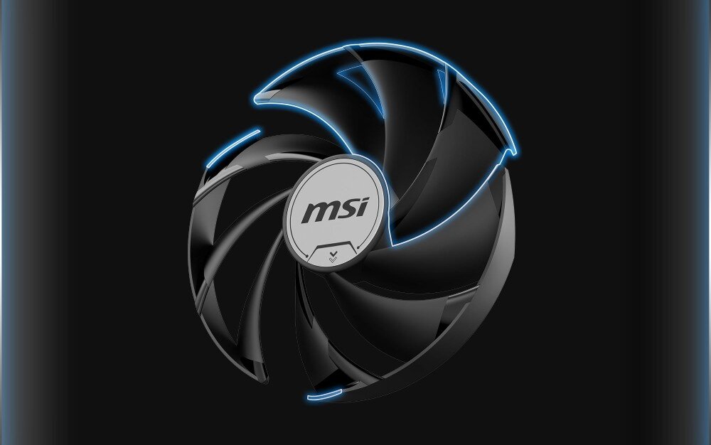 Karta graficzna MSI GeForce RTX 5070 Ventus 2X OC 12GB Pojedynczy wentylator z zaznaczonymi na niebiesko łukowatymi łączeniami między łopatkami, chłodzenie, wentylatory, miedziana płytka bazowa