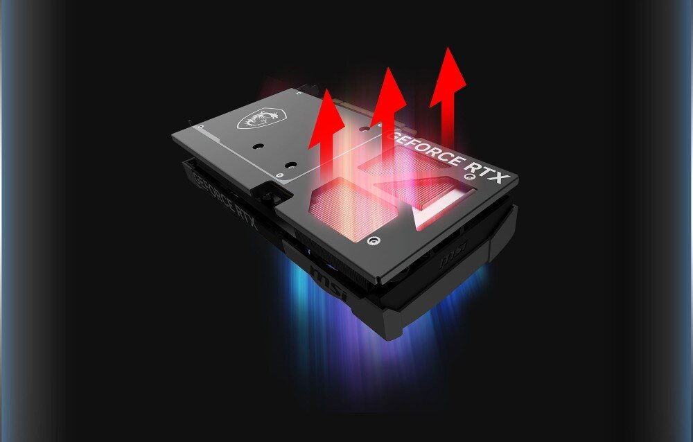Karta graficzna MSI GeForce RTX 5070 Ventus 2X OC 12GB Grafika pokazująca tylną część karty graficznej z czerwonymi strzałkami wskazującymi kierunek przepływu powietrza, metalowa płyta tylna, podkładki termiczne