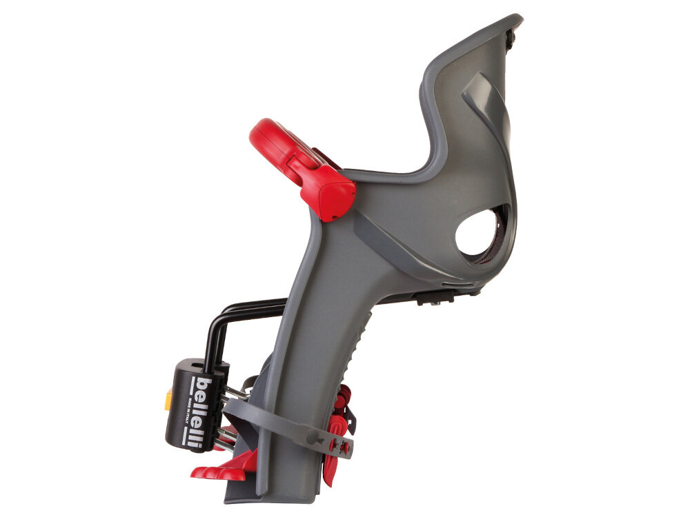 Fotelik rowerowy BELLELLI Freccia Ciemnoszary fotelik na białym tle widoczny z boku do wygodnego i bezpiecznego przewożenia dziecka stabilna konstrukcja wspiera prawidłową pozycję siedzącą dla dzieci o wadze 15 kg w wieku od 9 miesiąca do około 3 roku życia