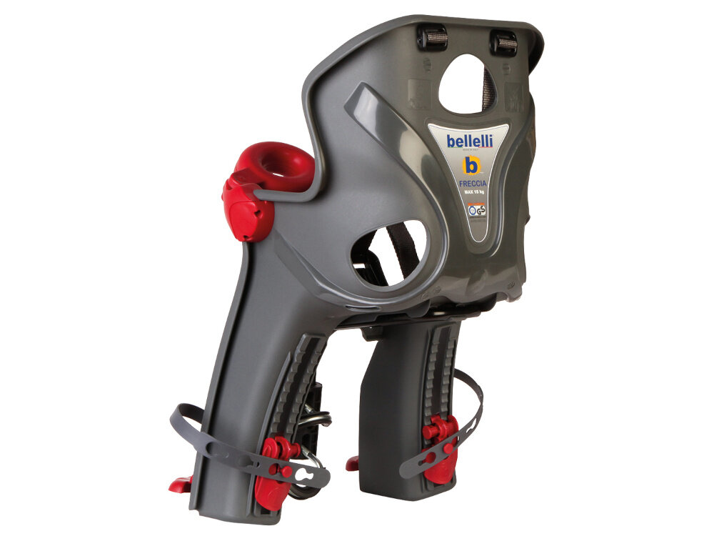 Fotelik rowerowy BELLELLI Freccia Ciemnoszary fotelik na białym tle widoczny od tyłu pod skosem szerokie otwory wentylacyjne umieszczone na plecach i ramionach odpowiednia cyrkulacja powietrza dziecko mniej się poci przejazdy stają się bardziej komfortowe ogranicza przegrzewanie i wilgoć przy plecach dobre samopoczucie malucha