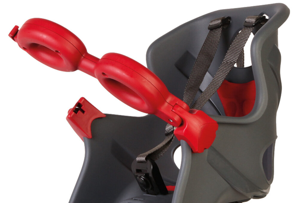 Fotelik rowerowy BELLELLI Freccia Ciemnoszary fotelik na białym tle widoczny od przodu zbliżenie na pałąk szerokie siedzisko z miękką, hipoalergiczną tapicerką wyjmowana poduszka wkład można zdjąć i wyprać pałąk zabezpieczający jest jednocześnie oparciem dla dziecka