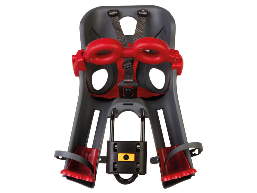 Fotelik rowerowy BELLELLI Freccia Ciemnoszary fotelik na białym tle widoczny od przodu podnóżki z 11-stopniową regulacją wysokości czterostopniowe paski na stopy można dopasować fotelik do rosnącego dziecka łatwiej utrzymać prawidłową pozycję nóg i uniknąć ich zwisania większa stabilność rozbudowane osłony boczne chronią nogi przed kontaktem ze szprychami kół i elementami napędu