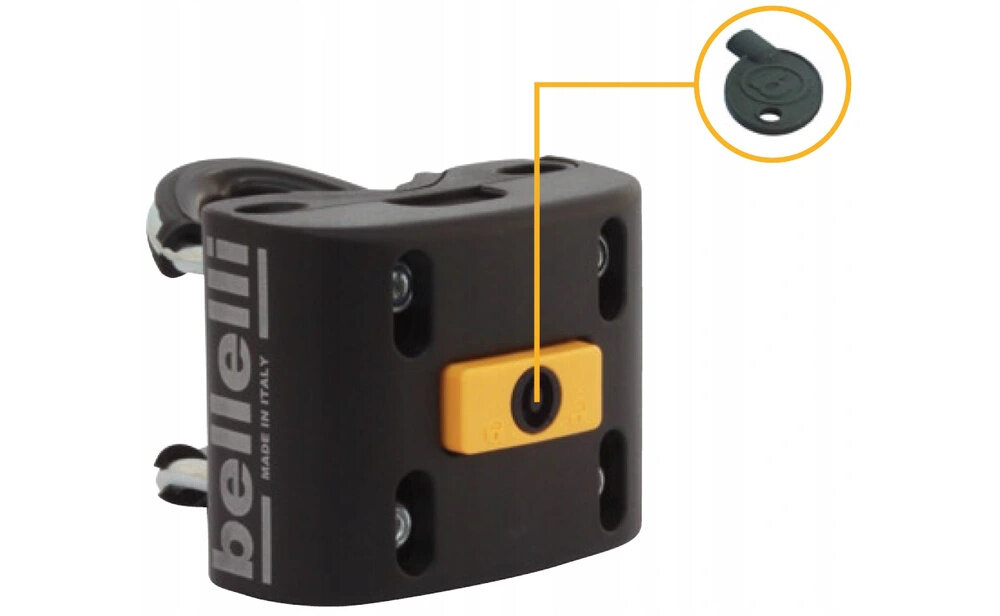 Fotelik rowerowy BELLELLI Freccia Ciemnoszary szybkozłączka na białym tle obok kluczyk bardzo łatwy i szybki montaż oraz demontaż dzięki uniwersalnej szybkozłączce proces zajmuje około 2 sekund specjalny zatrzask eliminuje potrzebę użycia kluczy mocowanie wyposażono w zabezpieczenie antykradzieżowe zamykane na klucz bezpieczeństwo sprzętu