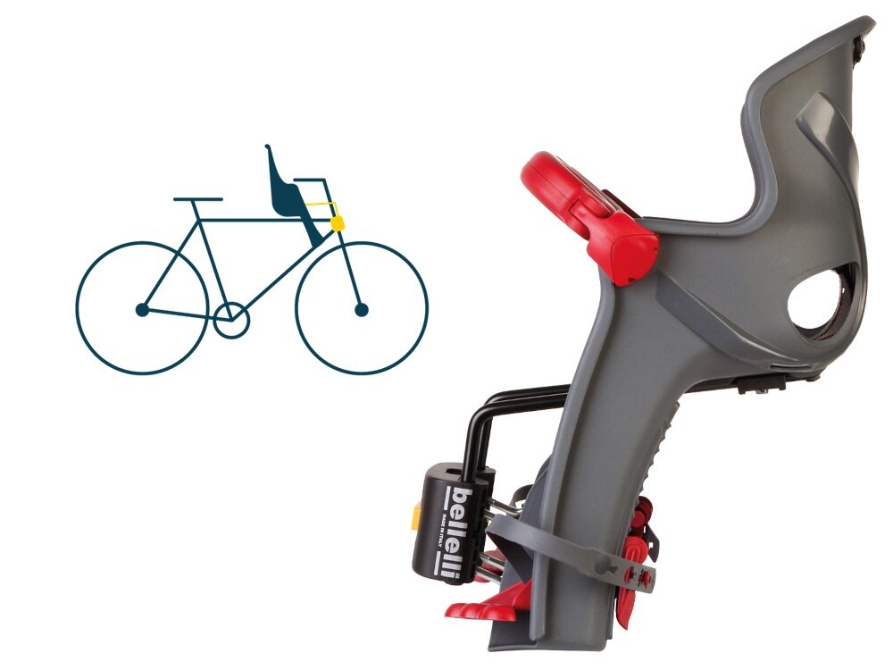 Fotelik rowerowy BELLELLI Freccia Ciemnoszary fotelik na białym tle widoczny z boku obok rysunek roweru pokazujący gdzie należy zamontować fotelik system B-FIX z szybkozłączką sprawne zakładanie i zdejmowanie fotelika bez użycia narzędzi pasuje do większości okrągłych ram o średnicy 28–45 mm i ram owalnych 28–60 mm jedno kliknięcie wystarcza, by prawidłowo osadzić konstrukcję do montażu na wysokości steru kierownicy