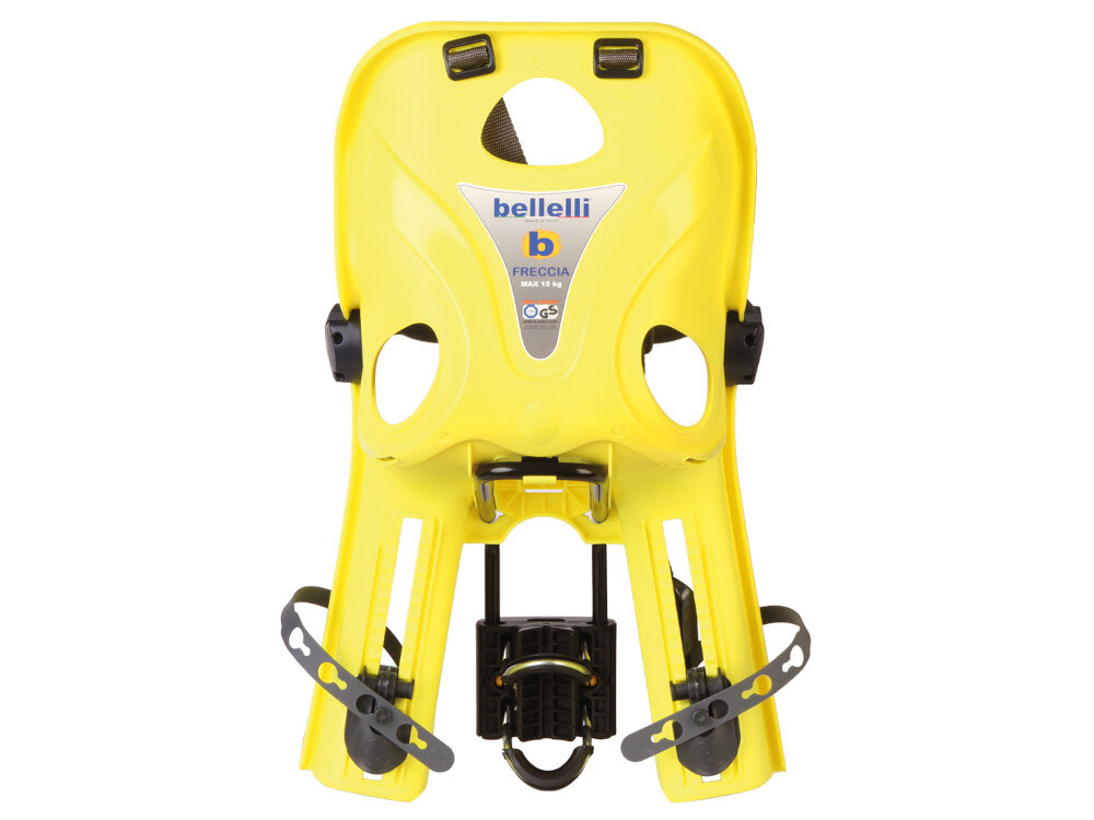 Fotelik rowerowy BELLELLI Freccia Żółty fotelik na białym tle widoczny od tyłu z certyfikowanego, nietoksycznego tworzywa sztucznego waży około 3,5 kg rower pozostaje zwrotny i łatwy w prowadzeniu spełnia wszystkie rygorystyczne normy europejskie, w tym EN14344