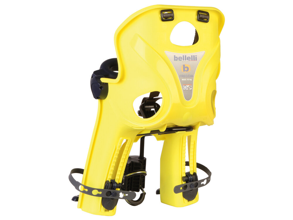 Fotelik rowerowy BELLELLI Freccia Żółty fotelik na białym tle widoczny od tyłu pod skosem szerokie otwory wentylacyjne umieszczone na plecach i ramionach odpowiednia cyrkulacja powietrza dziecko mniej się poci przejazdy stają się bardziej komfortowe ogranicza przegrzewanie i wilgoć przy plecach dobre samopoczucie malucha