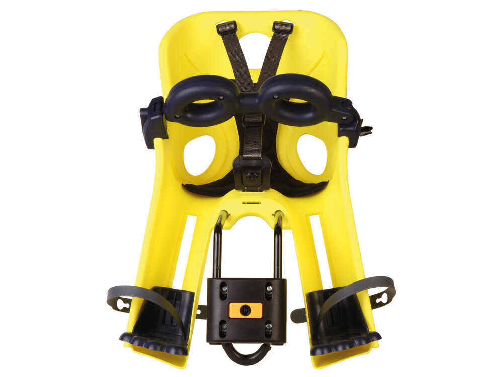 Fotelik rowerowy BELLELLI Freccia Żółty fotelik na białym tle widoczny od przodu podnóżki z 11-stopniową regulacją wysokości czterostopniowe paski na stopy można dopasować fotelik do rosnącego dziecka łatwiej utrzymać prawidłową pozycję nóg i uniknąć ich zwisania większa stabilność rozbudowane osłony boczne chronią nogi przed kontaktem ze szprychami kół i elementami napędu