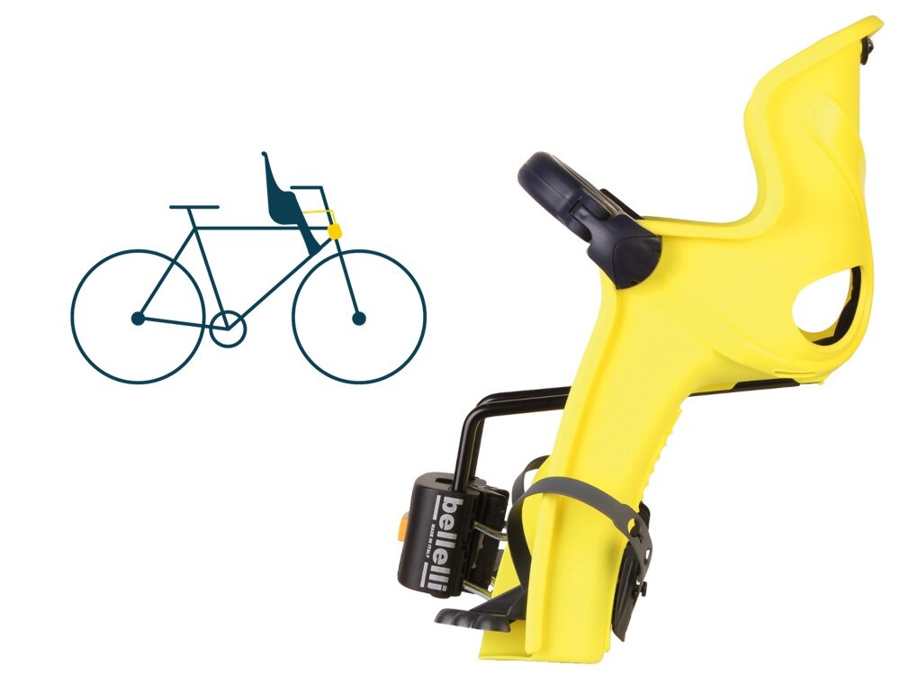 Fotelik rowerowy BELLELLI Freccia Żółty fotelik na białym tle widoczny z boku obok rysunek roweru pokazujący gdzie należy zamontować fotelik system B-FIX z szybkozłączką sprawne zakładanie i zdejmowanie fotelika bez użycia narzędzi pasuje do większości okrągłych ram o średnicy 28–45 mm i ram owalnych 28–60 mm jedno kliknięcie wystarcza, by prawidłowo osadzić konstrukcję do montażu na wysokości steru kierownicy