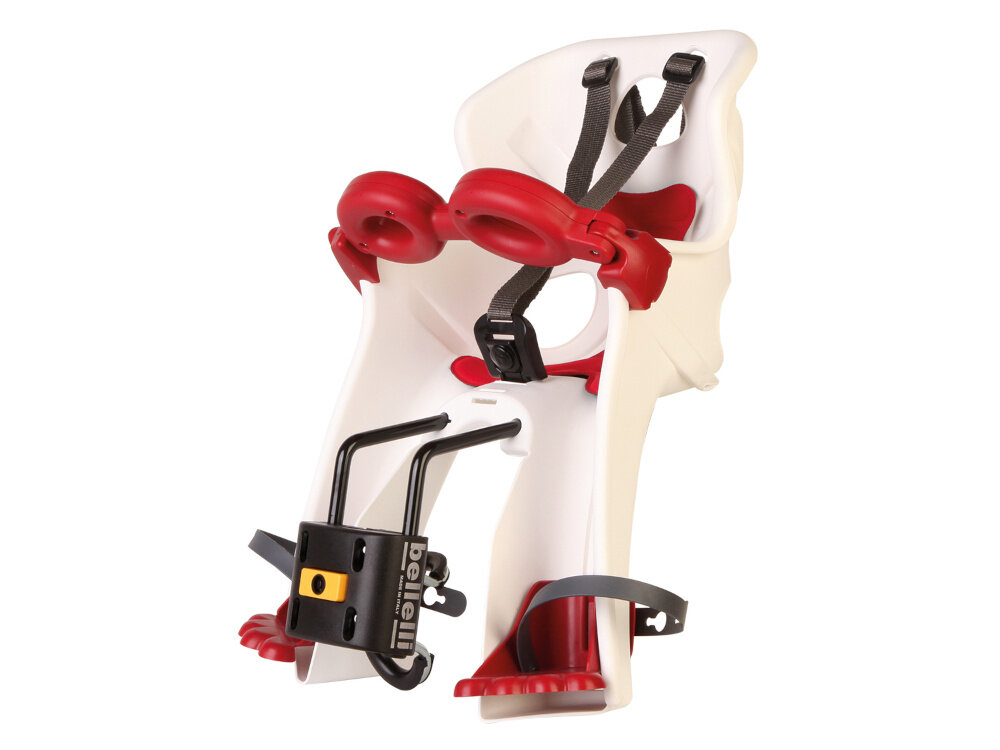 Fotelik rowerowy BELLELLI Freccia Biały fotelik na białym tle widoczny od przodu pod skosem bezpieczne przewożenie dziecka na rowerze wygoda regulacja