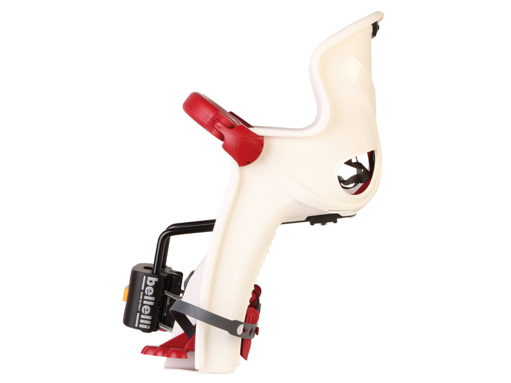 Fotelik rowerowy BELLELLI Freccia Biały fotelik na białym tle widoczny z boku do wygodnego i bezpiecznego przewożenia dziecka stabilna konstrukcja wspiera prawidłową pozycję siedzącą dla dzieci o wadze 15 kg w wieku od 9 miesiąca do około 3 roku życia