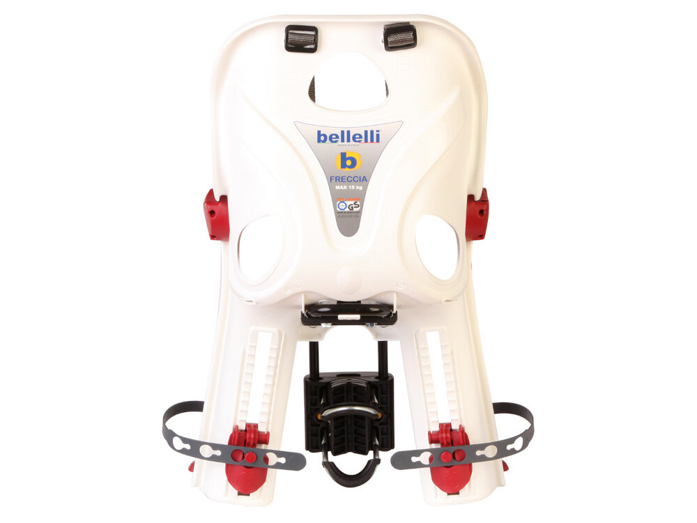 Fotelik rowerowy BELLELLI Freccia Biały fotelik na białym tle widoczny od tyłu z certyfikowanego, nietoksycznego tworzywa sztucznego waży około 3,5 kg rower pozostaje zwrotny i łatwy w prowadzeniu spełnia wszystkie rygorystyczne normy europejskie, w tym EN14344