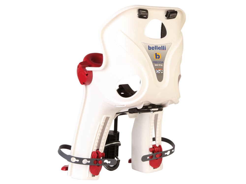 Fotelik rowerowy BELLELLI Freccia Biały fotelik na białym tle widoczny od tyłu pod skosem szerokie otwory wentylacyjne umieszczone na plecach i ramionach odpowiednia cyrkulacja powietrza dziecko mniej się poci przejazdy stają się bardziej komfortowe ogranicza przegrzewanie i wilgoć przy plecach dobre samopoczucie malucha