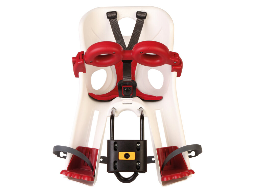 Fotelik rowerowy BELLELLI Freccia Biały fotelik na białym tle widoczny od przodu podnóżki z 11-stopniową regulacją wysokości czterostopniowe paski na stopy można dopasować fotelik do rosnącego dziecka łatwiej utrzymać prawidłową pozycję nóg i uniknąć ich zwisania większa stabilność rozbudowane osłony boczne chronią nogi przed kontaktem ze szprychami kół i elementami napędu