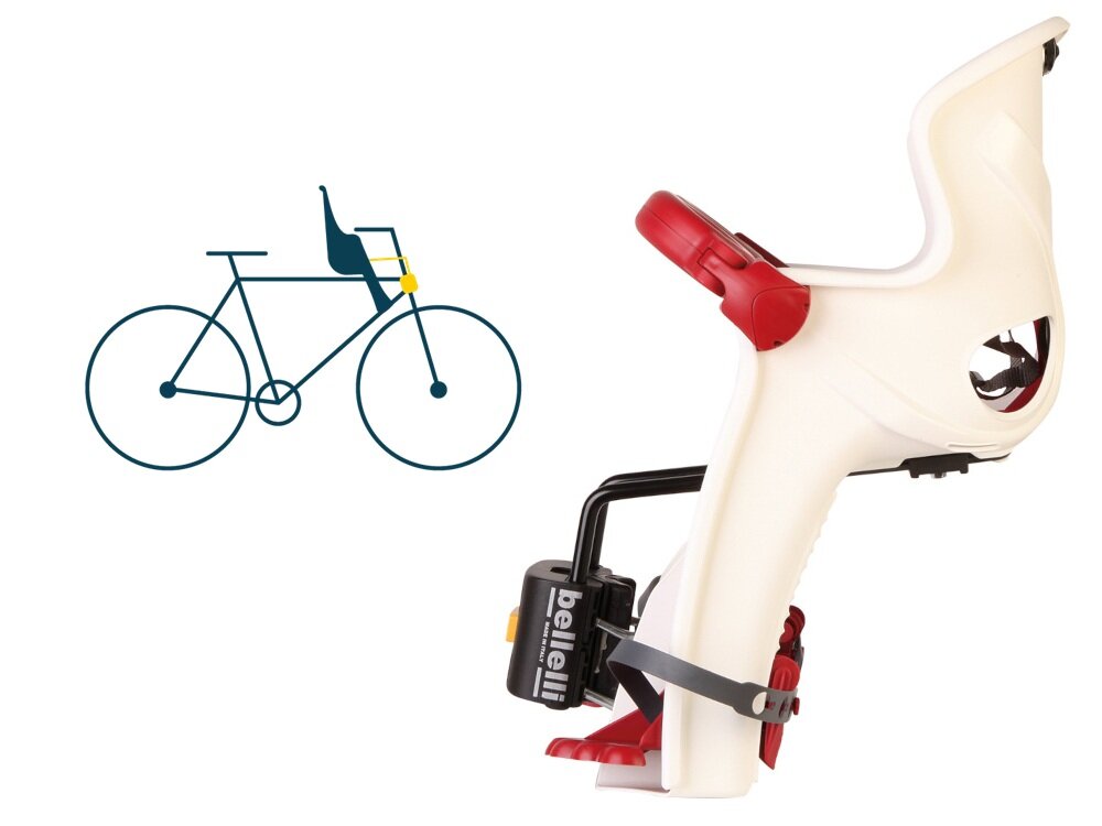 Fotelik rowerowy BELLELLI Freccia Biały fotelik na białym tle widoczny z boku obok rysunek roweru pokazujący gdzie należy zamontować fotelik system B-FIX z szybkozłączką sprawne zakładanie i zdejmowanie fotelika bez użycia narzędzi pasuje do większości okrągłych ram o średnicy 28–45 mm i ram owalnych 28–60 mm jedno kliknięcie wystarcza, by prawidłowo osadzić konstrukcję do montażu na wysokości steru kierownicy