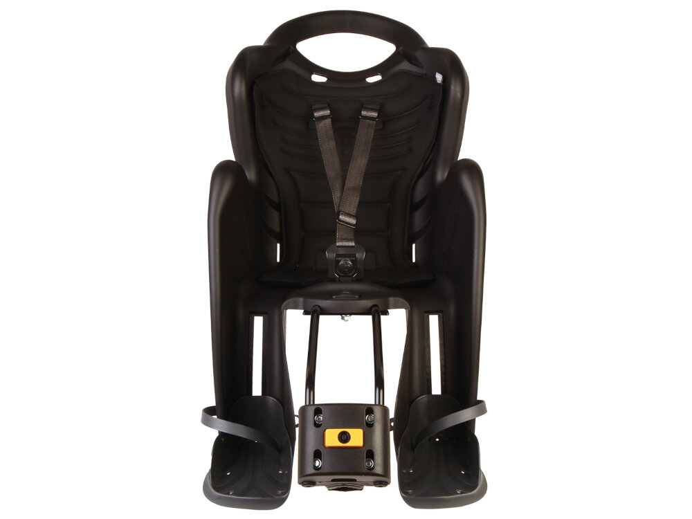 Fotelik rowerowy BELLELLI Mr Fox Standard Czarny fotelik na białym tle widoczny od przodu bezpieczna podróż z dzieckiem komfort wygoda certyfikaty