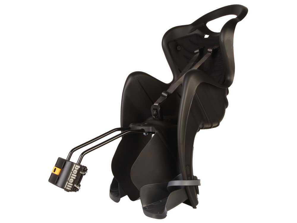 Fotelik rowerowy BELLELLI Mr Fox Standard Czarny fotelik na białym tle widoczny od przodu pod skosem aktywna jazda rowerowa z małymi dziećmi wysokie standardy bezpieczeństwa komfort podróżowania dla dzieci o maksymalnej wadze do 22 kg