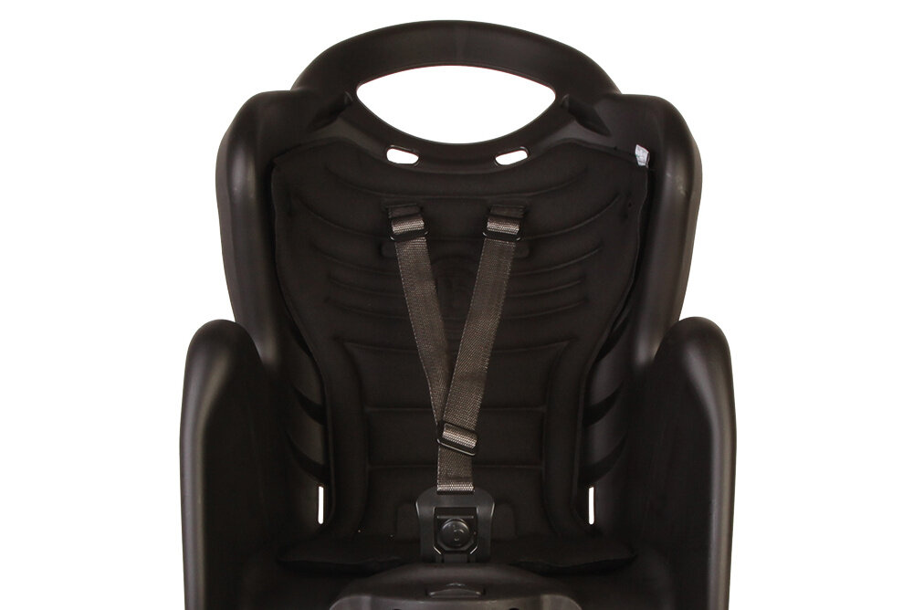 Fotelik rowerowy BELLELLI Mr Fox Standard Czarny fotelik na białym tle widoczny od przodu zbliżenie na pasy bezpieczeństwo dziecka solidna i trwała konstrukcja 3-punktowe pasy bezpieczeństwa regulowane i łatwe w obsłudze miękka, wodoodporna wyściółka łatwa w utrzymaniu czystości